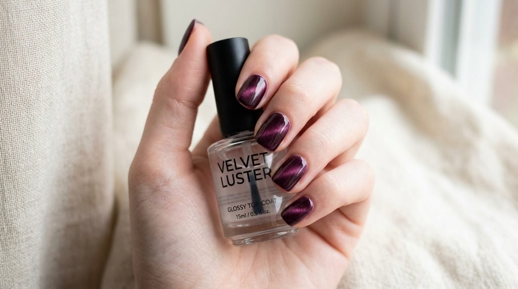 Close-up of a very white female hand, 18, with fresh plum noir velvet nails, holding a clear top coat bottle against blurred cream fabric.