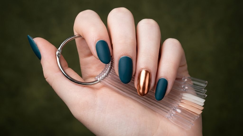 Detail view of an 18-year-old female hand with very white skin holding nail swatches showing matte teal and copper finishes against a dark olive background.