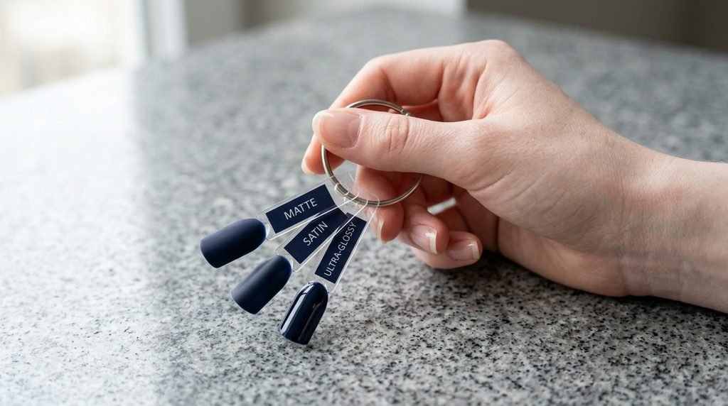 Close-up of an 18-year-old female hand with white skin holding nail swatch sticks demonstrating matte and glossy finishes over navy.
