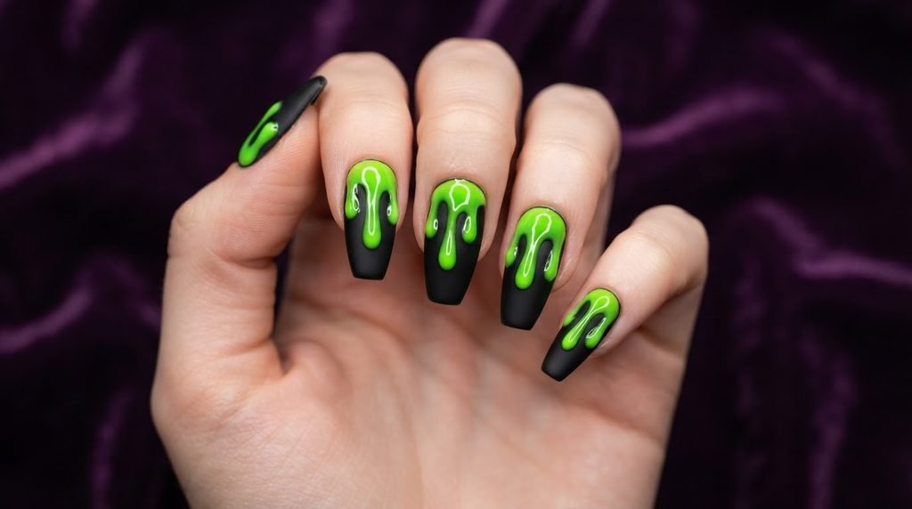 A close-up view shows medium-length coffin nails featuring matte black base color with glossy, raised neon green slime drips over a luxurious amethyst purple velvet background.