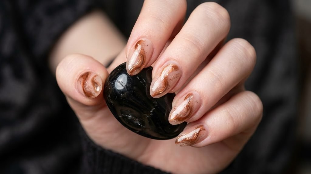 Abstract bronze cinnamon shimmer swirl nails on an 18-year-old female hand with white skin holding a dark obsidian stone.