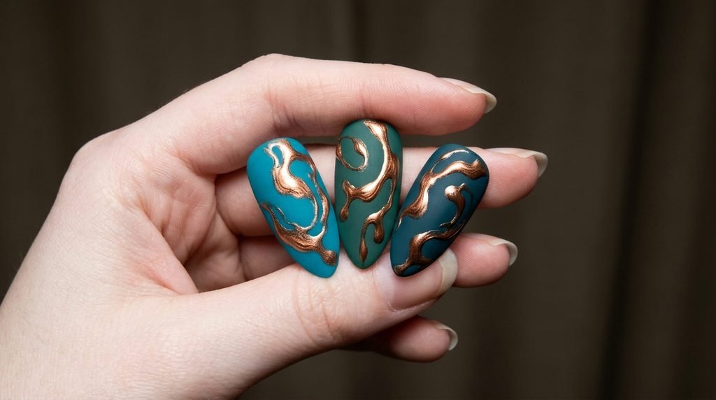 Three shade variations of matte teal with copper accents held by an 18-year-old female hand with very white skin against dark beige.
