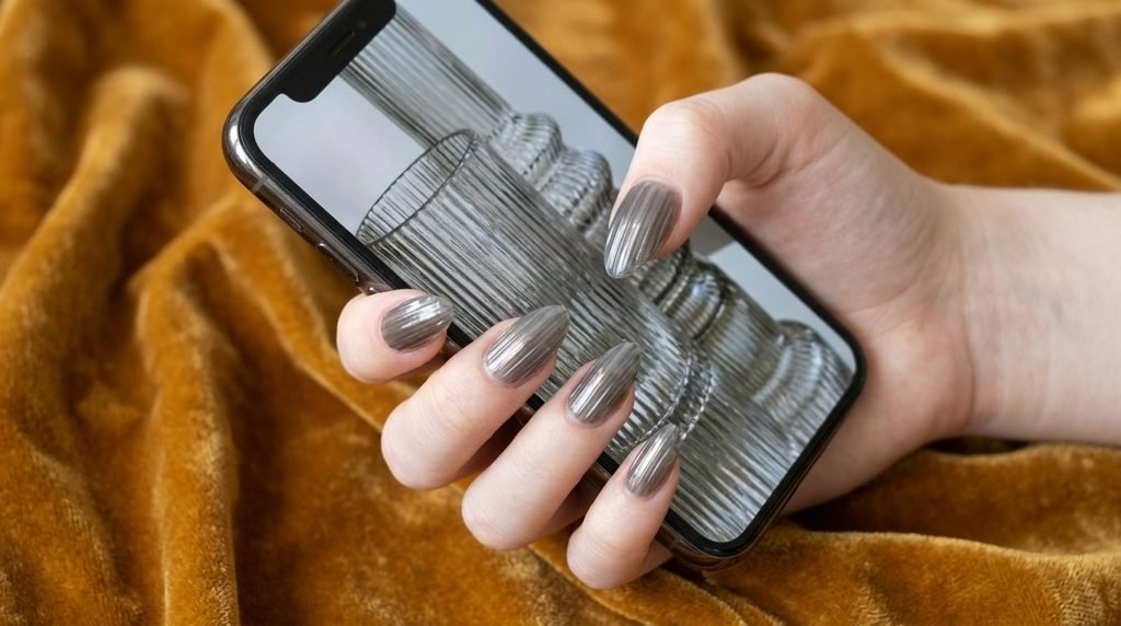 Hand with very white skin holding a phone showing nail inspo on golden-amber velvet.