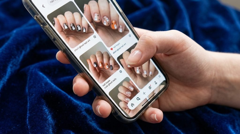 Female hand holding smartphone with nail photo over dark royal blue velvet.
