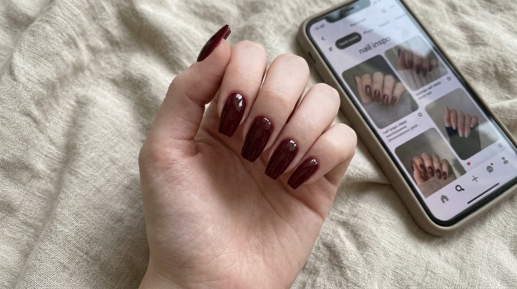 Freshly finished dark burgundy coffin nails on an 18-year-old female hand resting on beige linen.