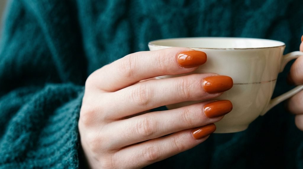 Burnt-orange pumpkin press-on nails on an 18-year-old female hand with very white skin against a deep teal background.