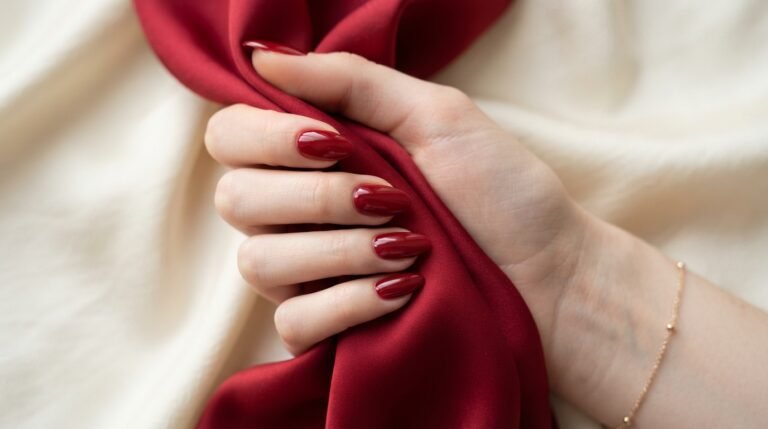 Close-up of 18-year-old female hand with very white skin and glossy cherry red almond nails.