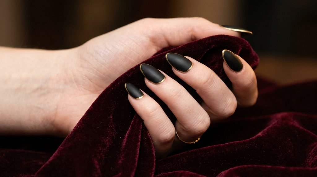 Almond-shaped matte black nails with gold outlines on an 18-year-old female hand with very white skin over wine-red velvet.