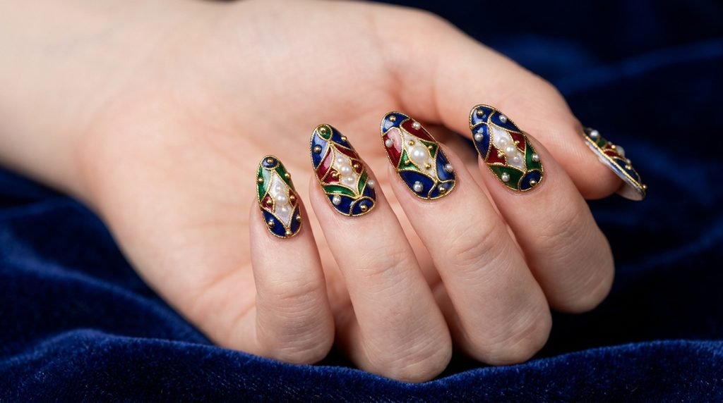 Detailed view of jewel enamel nail art on very white skin set against dark navy blue velvet background.