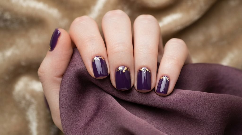 Close-up photograph of cool-toned deep purple almond nails on an 18-year-old female hand against emerald-green satin.