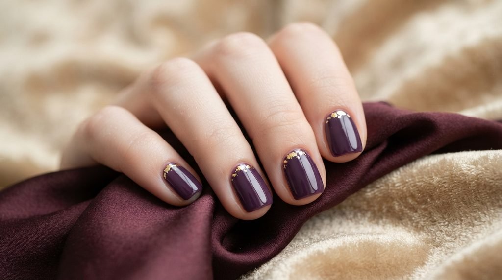 Close-up photograph of glossy deep purple short square nails on a young woman's hand resting on champagne-gold velvet