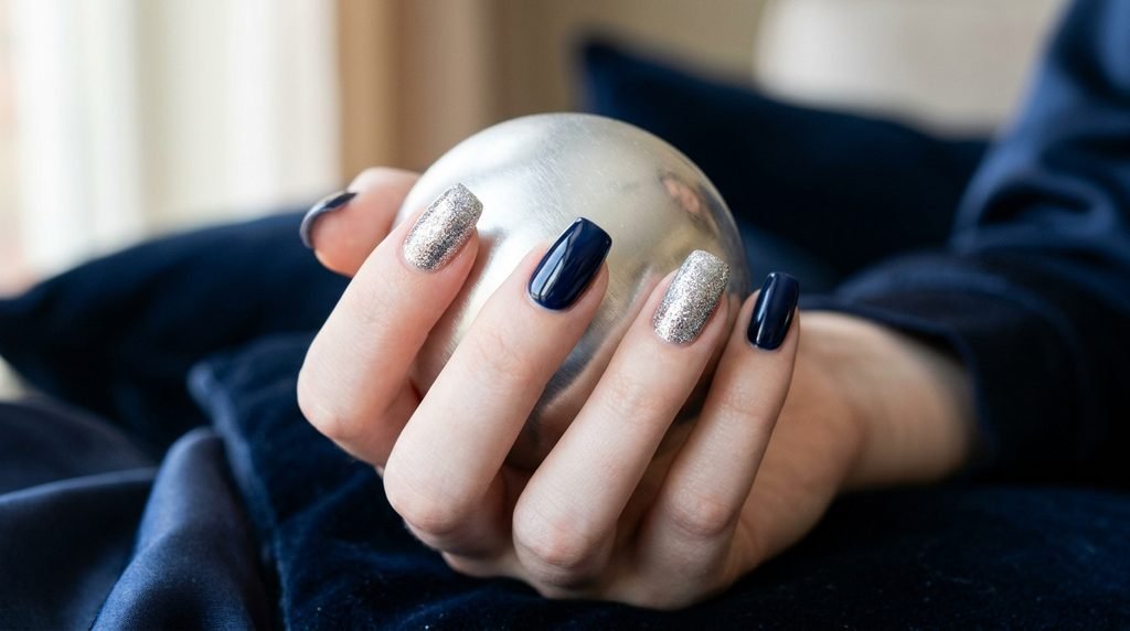 A close-up photograph of an 18-year-old female's very white-skinned hand holding a silver sphere. Nails are medium-length squoval in a mix of glossy navy and dense metallic silver.