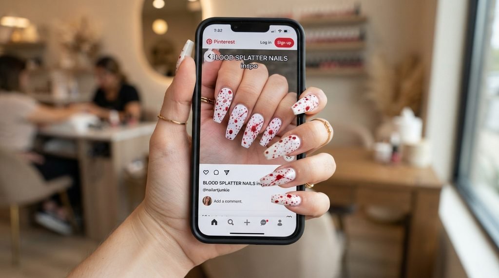 A close-up of an 18-year-old female hand with white skin and long coffin nails featuring red blood splatter over white, holding a smartphone displaying a Pinterest inspiration image of the same design in a salon setting.