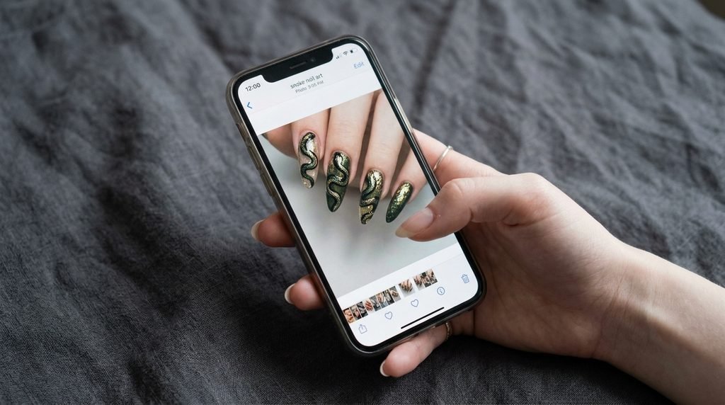 Pale female hand holding phone displaying snake nail art over dark grey linen.