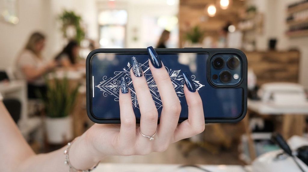 A close-up of a very white-skinned 18-year-old female hand with long coffin nails holding a smartphone that displays a reference image of geometric silver nail art.