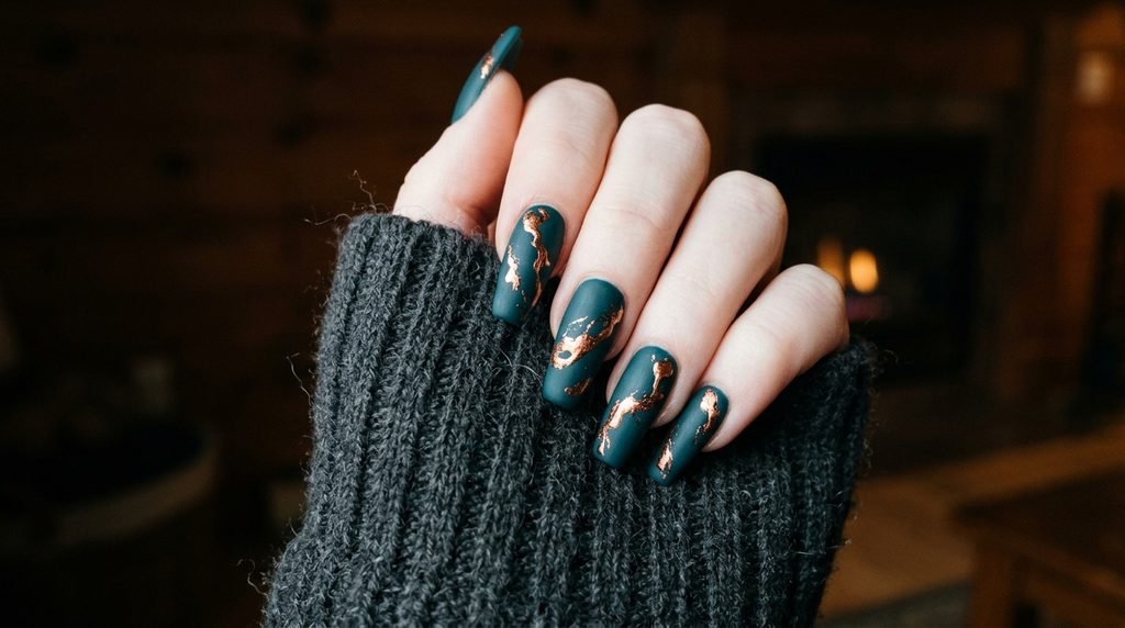 An 18-year-old female hand with very white skin and sweater cuff holding matte teal and copper nails against a dark wood background.