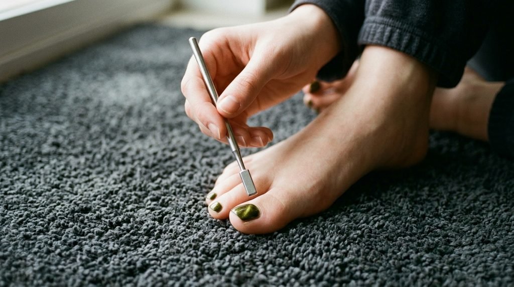 Magnetic tool held over green cat-eye polished nail on female hand near foot on dark grey rug.