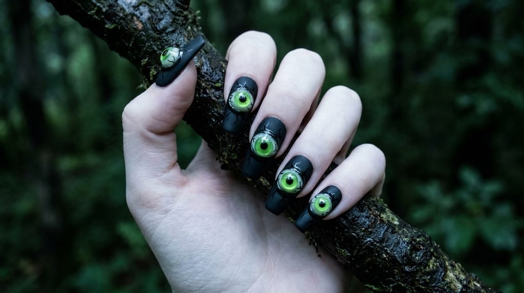 A moody close-up of a woman's pale hand with coffin nails featuring matte black polish and vibrant 3D slime-green monster eyeballs, against a blurred dark forest background.