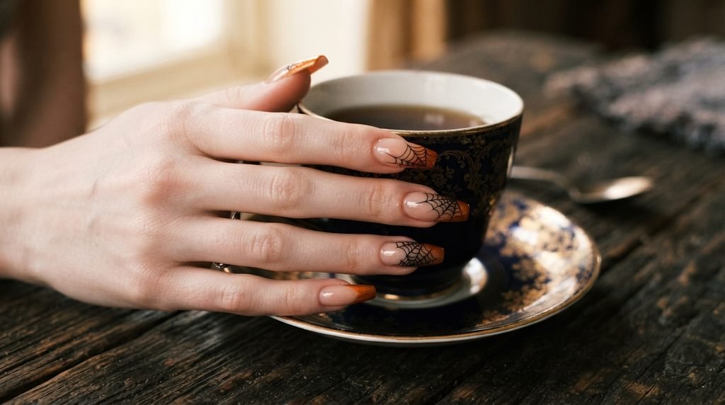 Coffin-shaped nails with orange chrome tips and web art holding a dark ceramic cup.