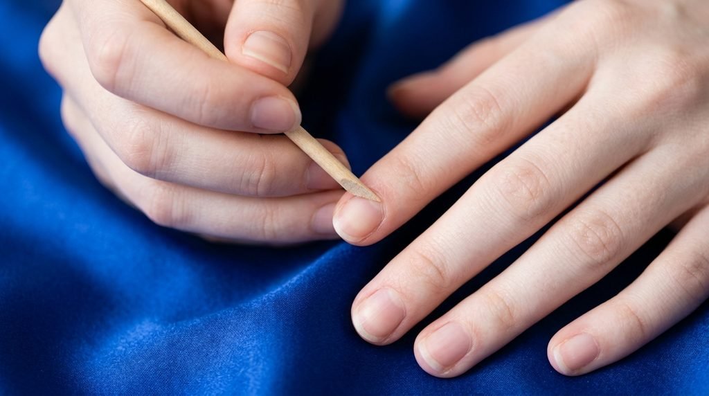 Extremely close photo of cuticle prep on an 18-year-old female hand with very white skin over royal blue satin.