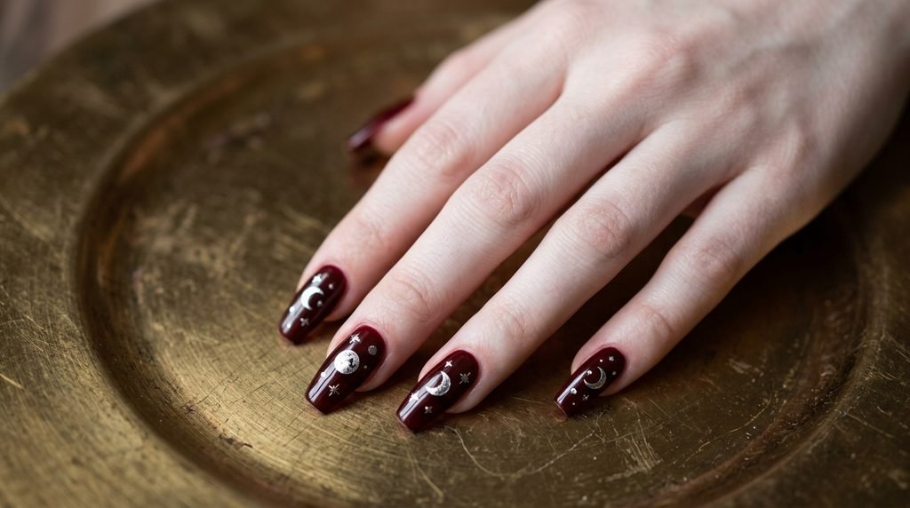 Oxblood coffin nails decorated with silver foil celestial moons and star decals on burnished gold plate.