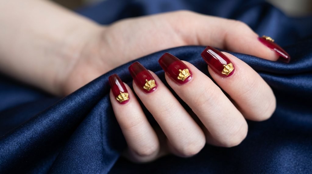 Ruby red glass nails with 3D gold crown art on very white female hand over navy blue silk.