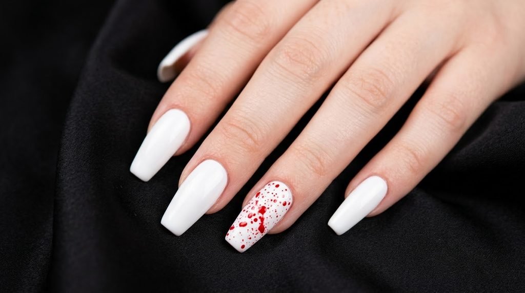A focused shot of long coffin nails on an 18-year-old female hand with white skin, featuring two nails partially covered in fresh red blood splatter against an opaque white base and a matte black silk background.