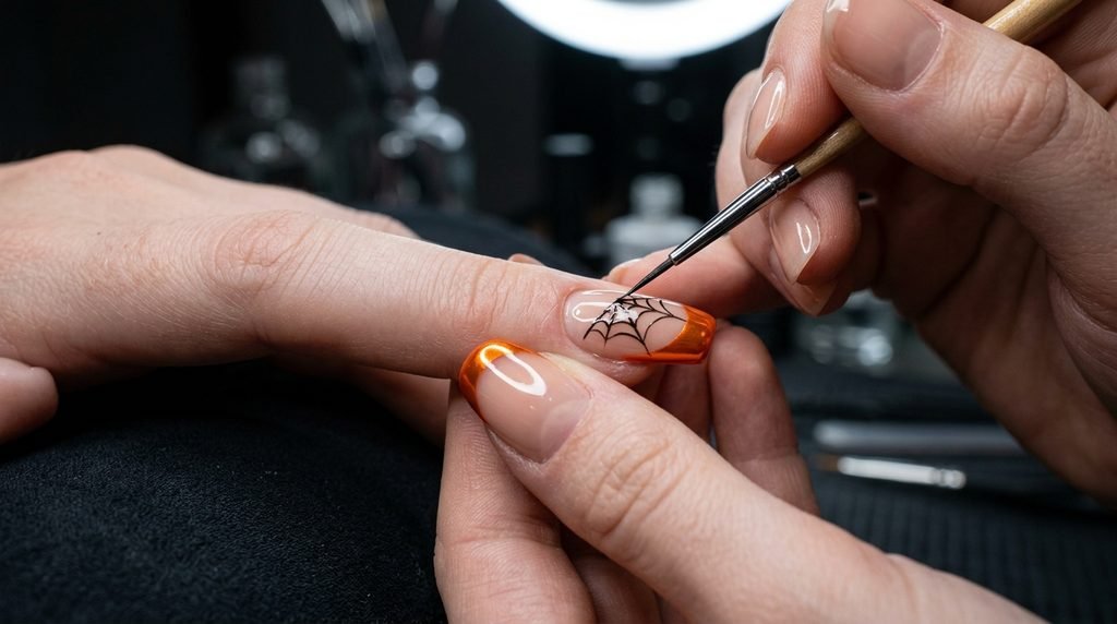 Fine detail brush painting black spiderweb lines on a nude nail with orange chrome tip.