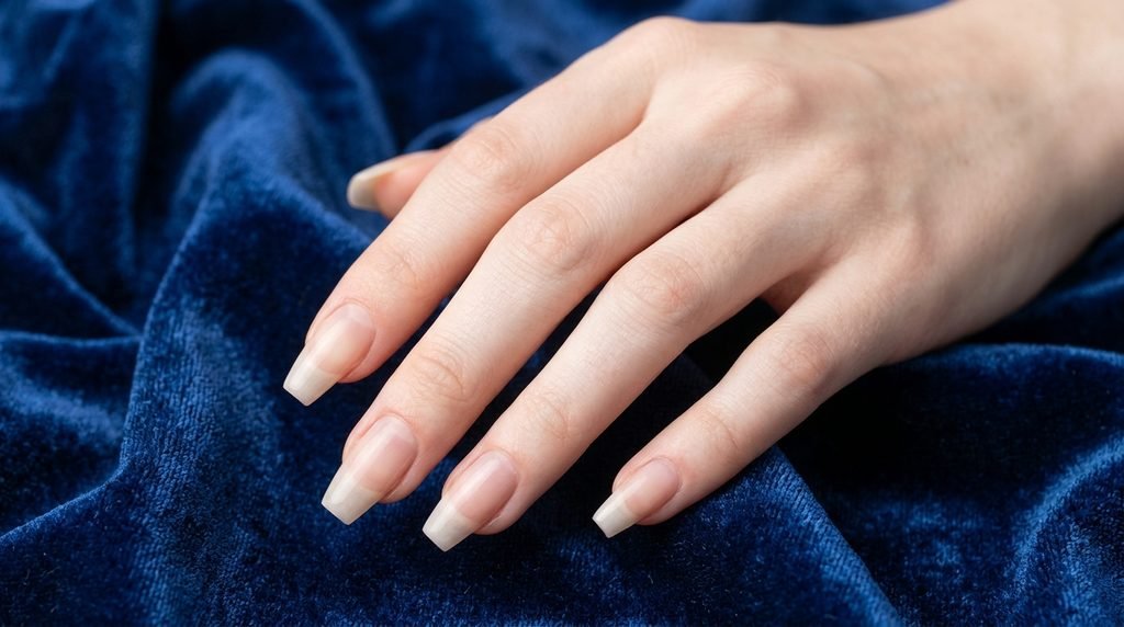 Prep work showing unpainted, sharply filed coffin nails on an 18-year-old female hand against sapphire velvet.