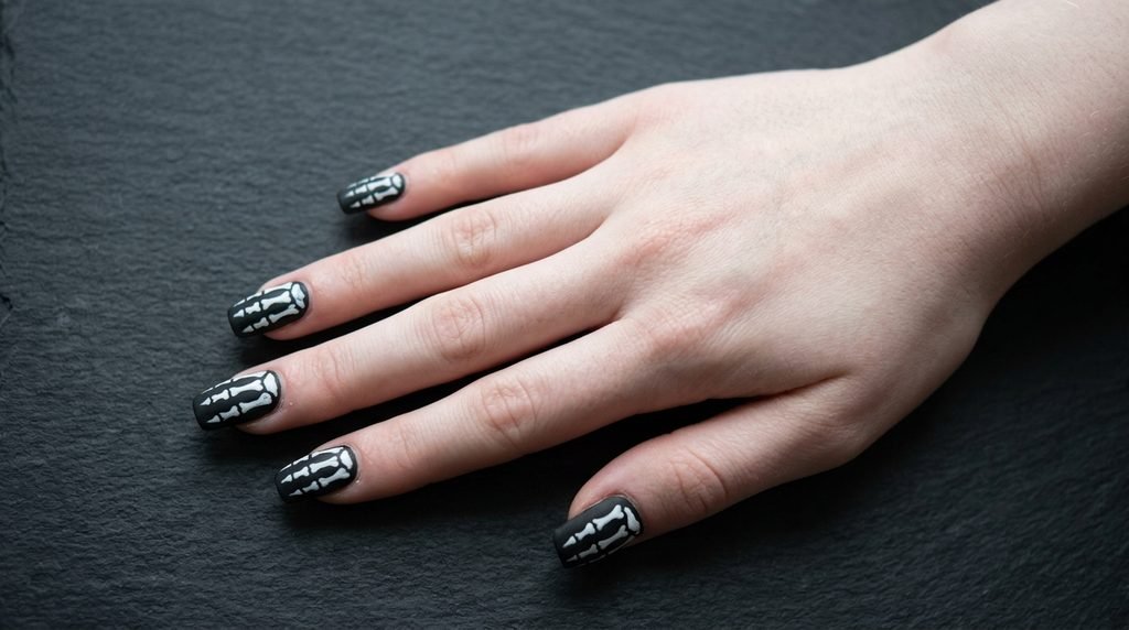 Short square matte black nails with small green cat eye details on an 18-year-old hand with white skin.