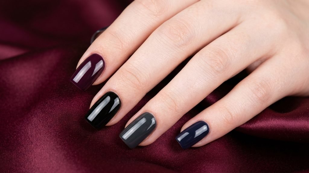 An eighteen-year-old female hand demonstrates various dark base polish shades over a deep burgundy satin background.