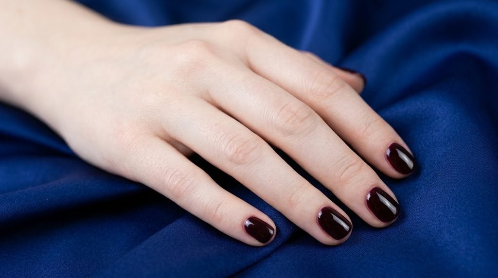 Close-up photo of an 18-year-old female hand with white skin and glossy black cherry short round nails on royal blue satin.