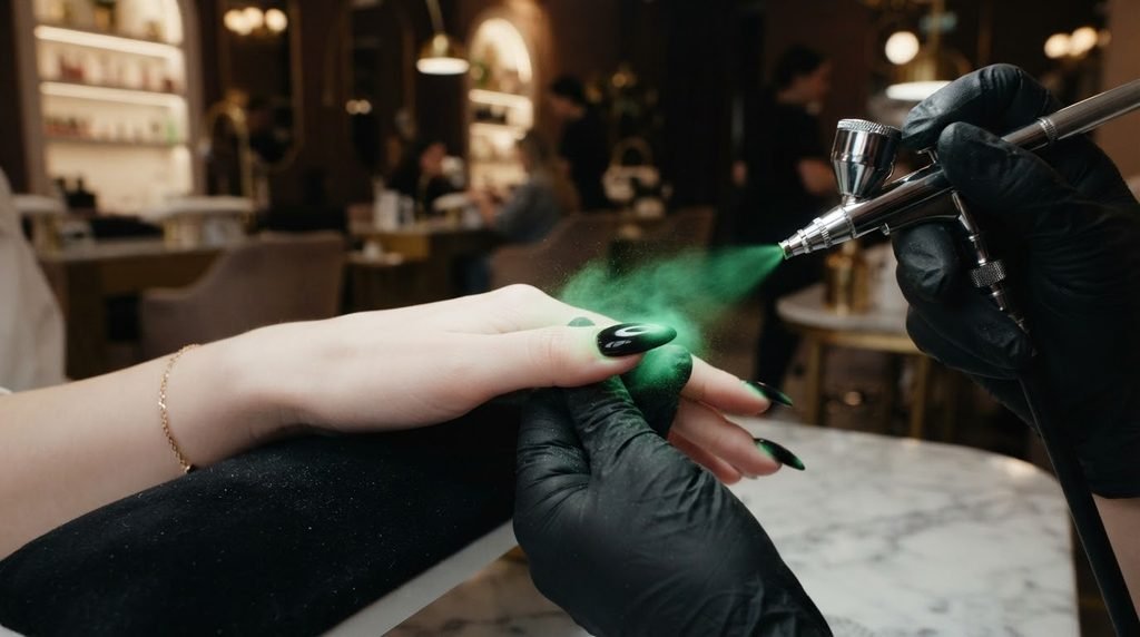 Professional airbrush applying green pigment to a black gel almond nail in a salon.