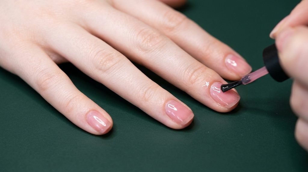 Applying sheer rose pink jelly polish to almond nails on an 18-year-old female hand with very white skin on forest green