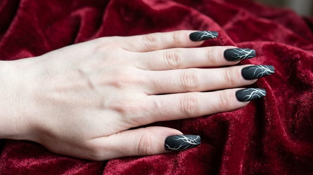Long coffin nails with matte black polish and white skeleton bone lines on smooth white skin.