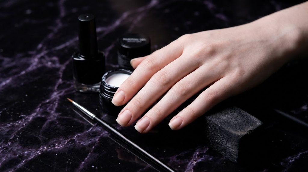 A close-up of an 18-year-old female hand with smooth, very white skin and short, bare square nails, surrounded by nail art supplies (black and white polish, liner brush, buffer) on a black marble surface with violet veining.