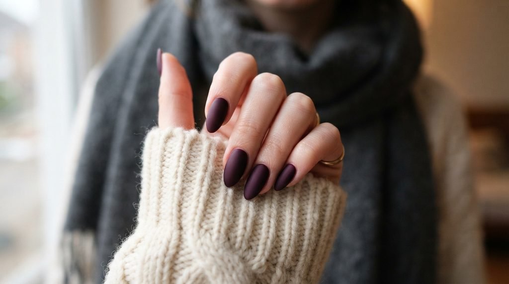 Close-up of a very white female hand, 18, applying a pre-designed plum noir velvet press-on nail on a blurred vanity.