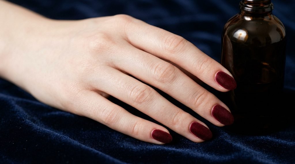 Velvet oxblood short almond nails on an 18-year-old female hand with white skin tone next to an amber glass bottle.