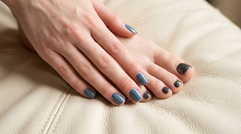 Hand and foot showing dusty denim and gunmetal polish on an 18-year-old female with very white skin tone.