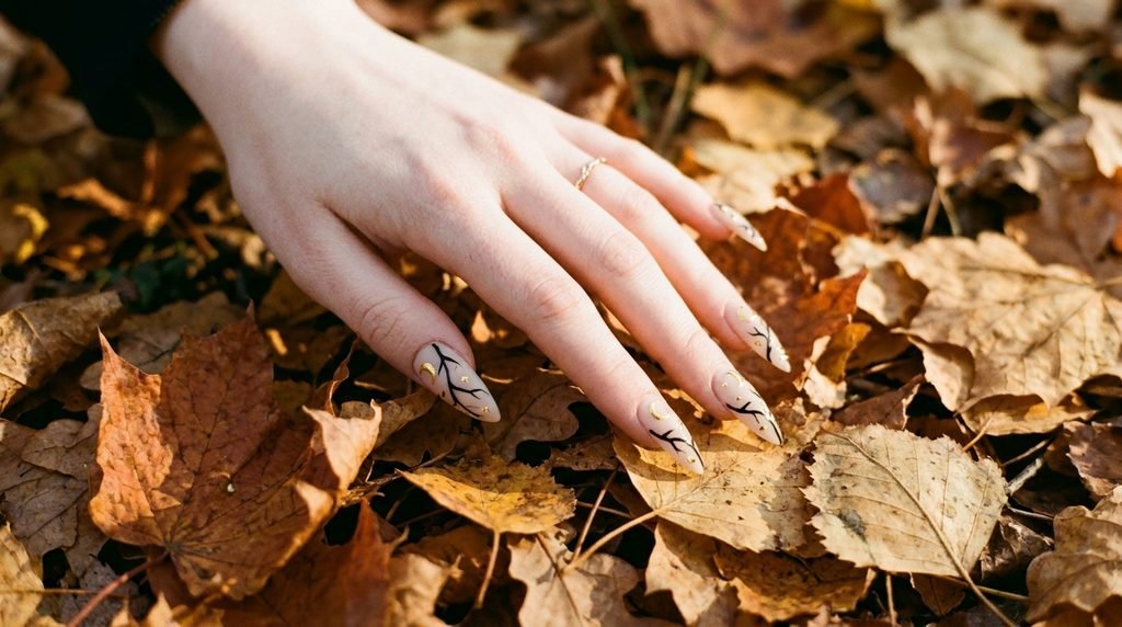 Black and yellow stiletto nails resting on golden autumn leaves, 18-year-old female hand with pale skin.