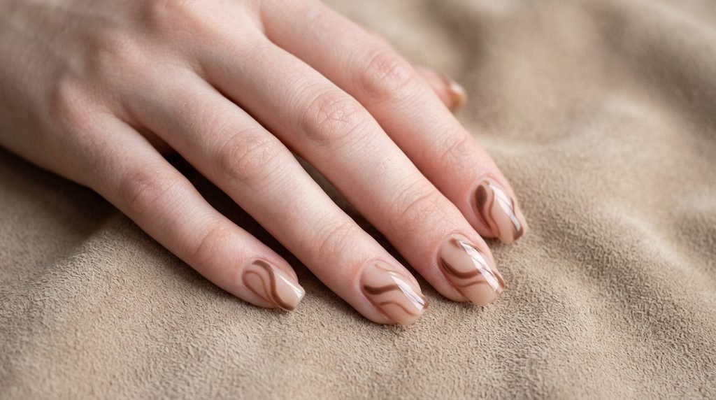 Sheer nude squoval nails with fine mocha brown swirl art on a female hand with very white skin.