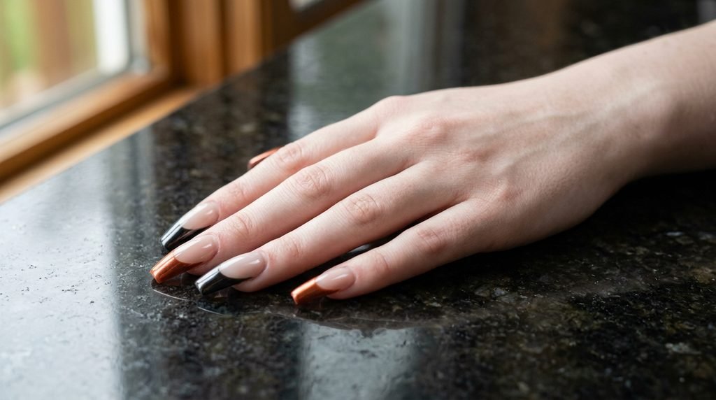 Alternating black chrome and burnt orange chrome French tip nails on female hand against black granite.