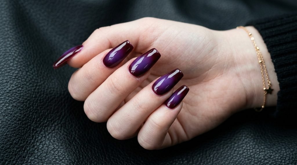 Coffin nails with violet aura centers and deep burgundy edges on a dark leather background.