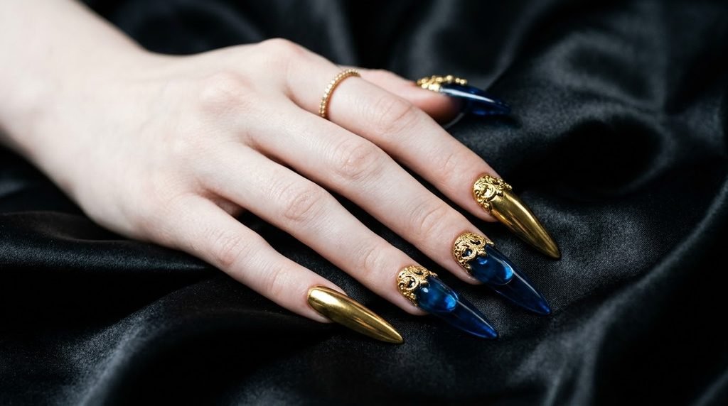 Long stiletto nails with gold chrome and crown filigree on very white female hand over black satin.