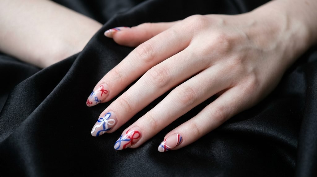 Woman's hand with white skin displaying multi-colored ribbon nail art over dark satin.