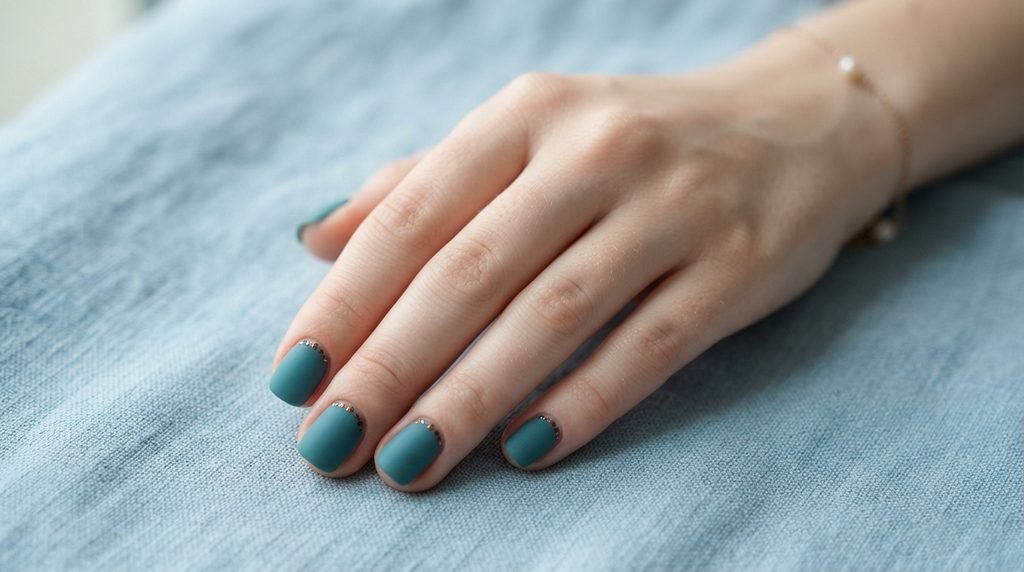 Short square matte teal nails with micro bronze dots on a female hand with smooth white skin.