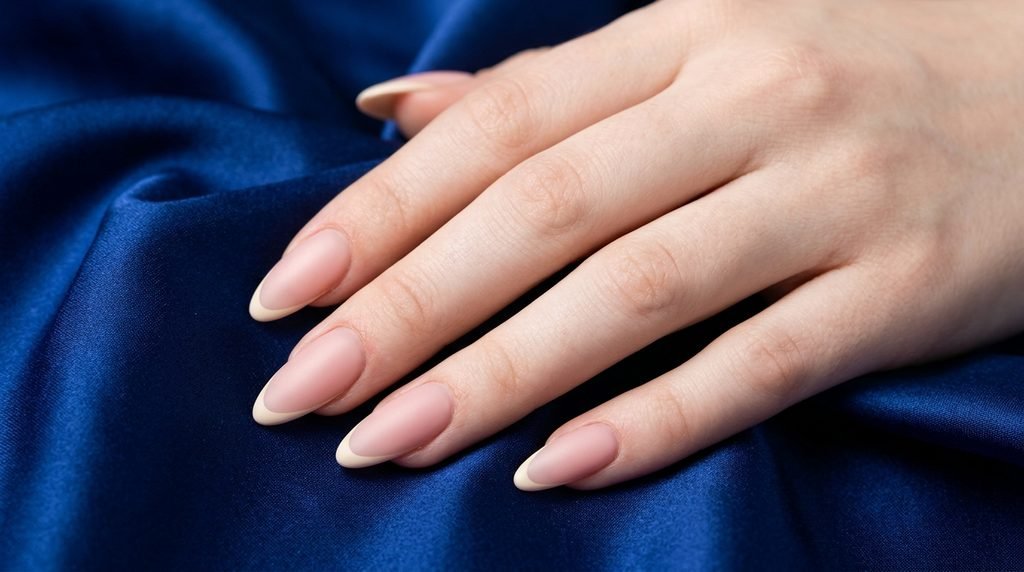 Cashmere nails with petal nude micro-French on long almond nails over royal blue backdrop.