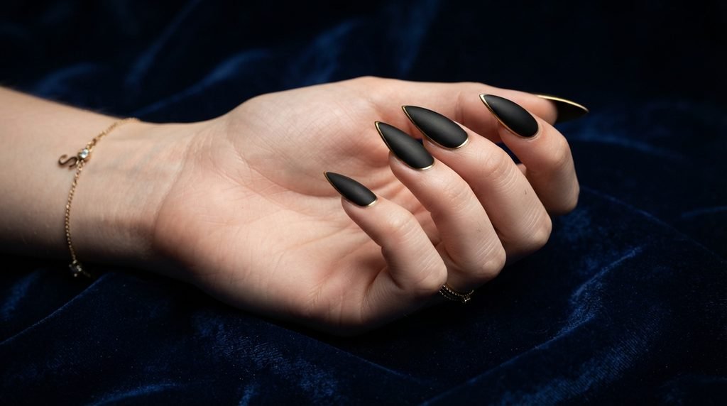 An 18-year-old female hand with very white skin displaying matte black stiletto nails with gold borders on dark blue velvet.