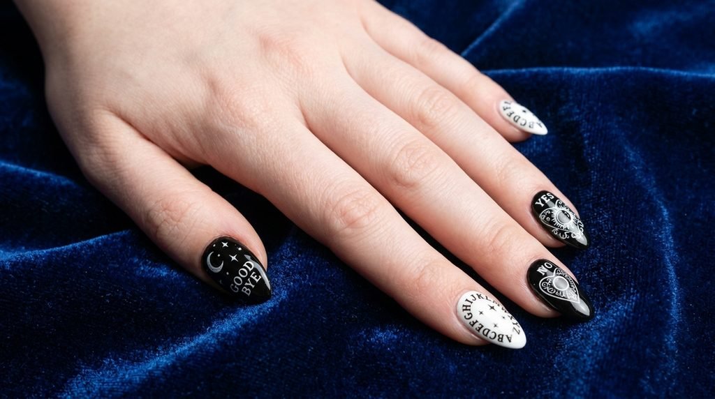Female hand with white skin showing almond-shaped black nails with white spirit board alphabet motifs.