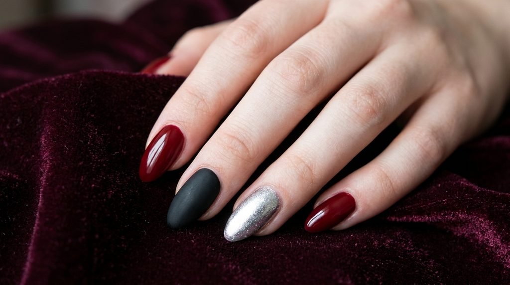 Color contrast of blood red matte black and silver on dark romantic nails.